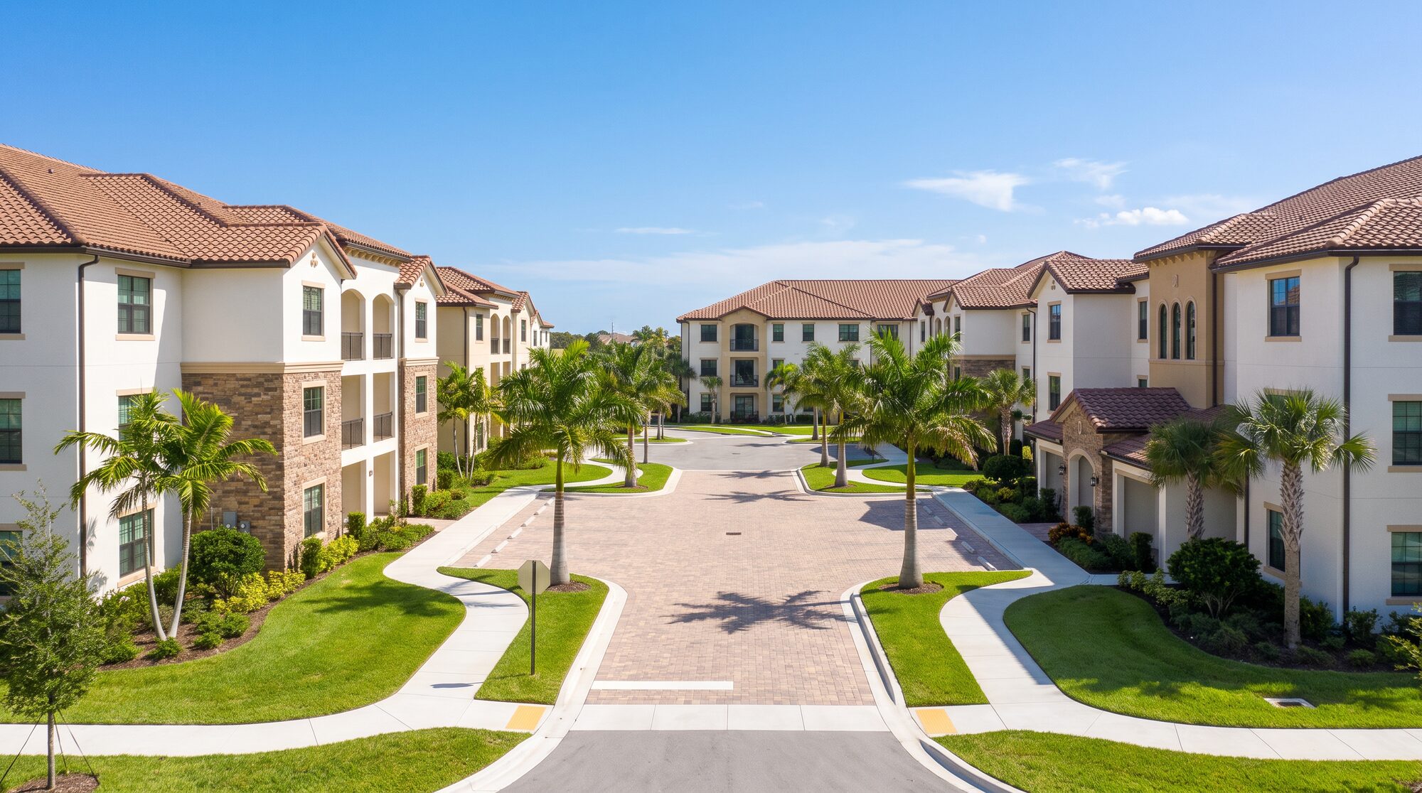 Illustrative apartment community with clean walkways and common areas