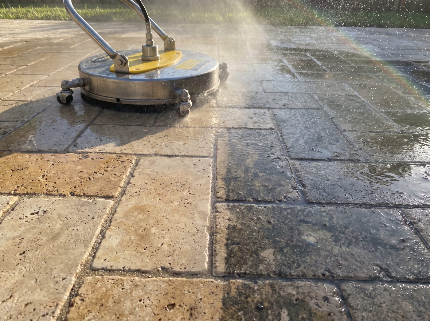 Surface cleaner leaving a clean line across grimy pavers