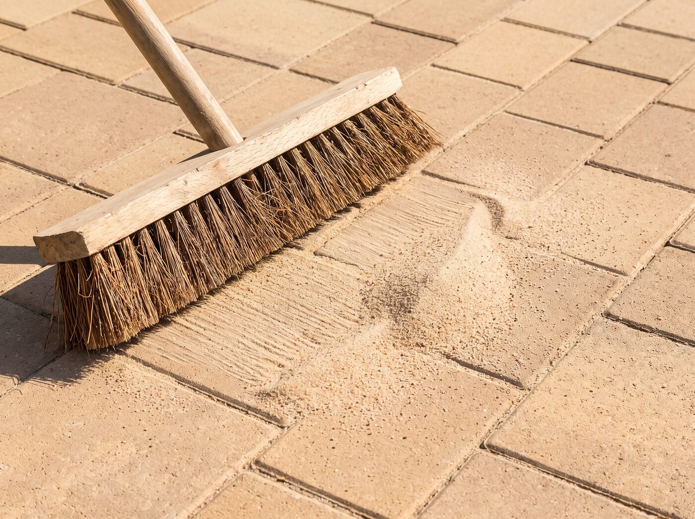 Broom sweeping fine joint sand into clean beige pavers
