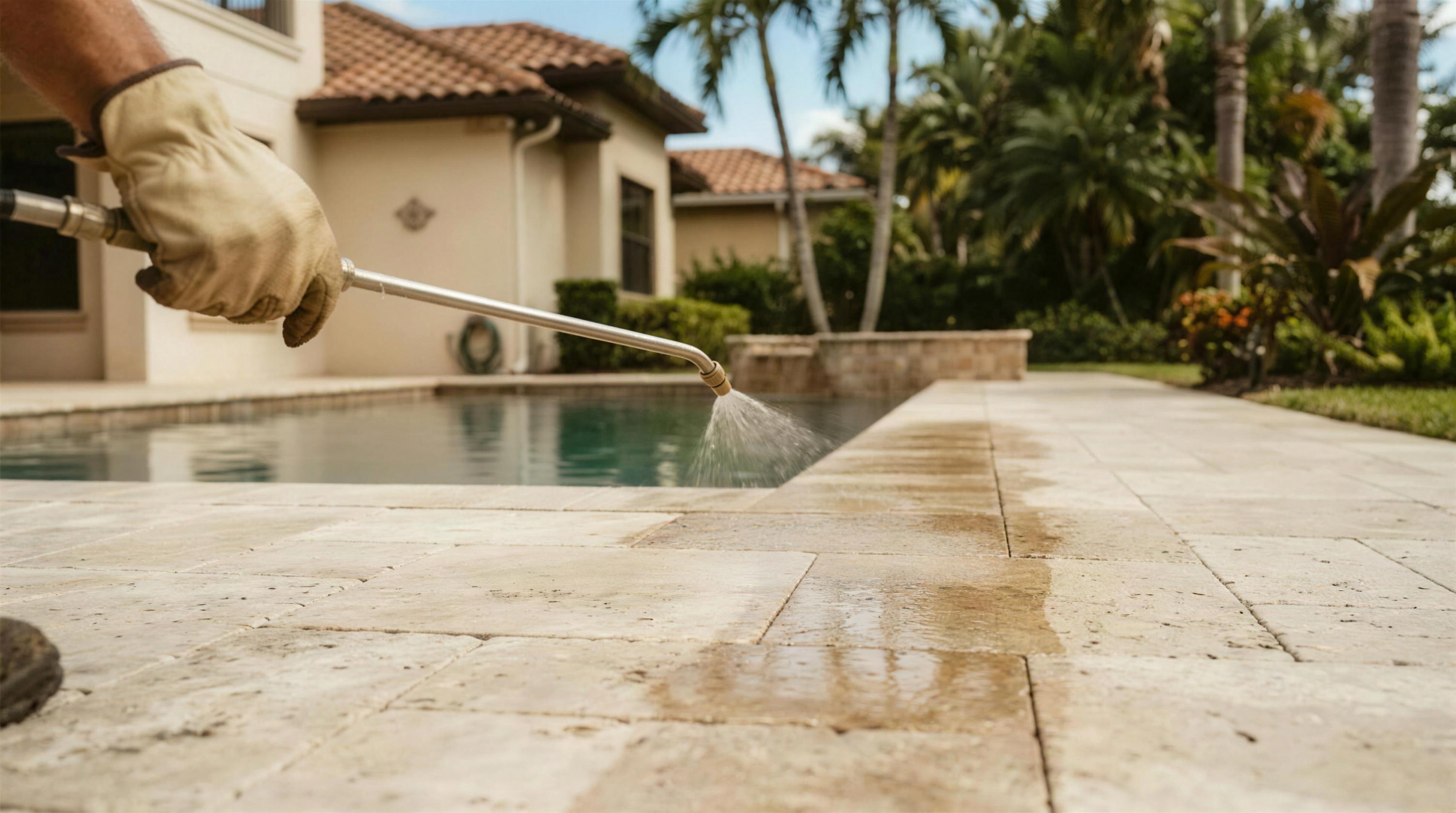 Gloved hand spraying sealer over travertine beside a pool