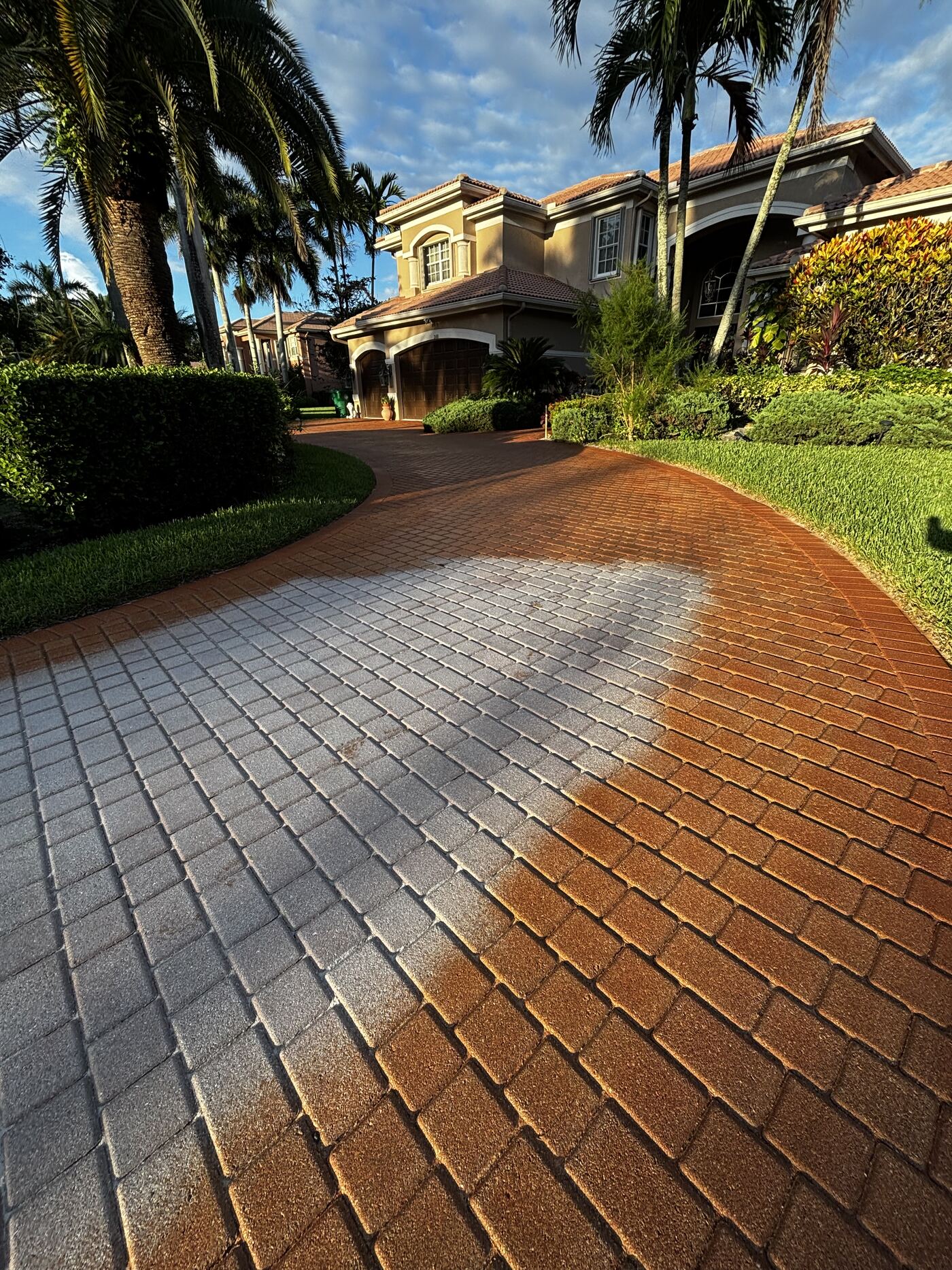 Driveway pavers mid-project: cleaned gray pavers on the left, warm terracotta tint applied on the right